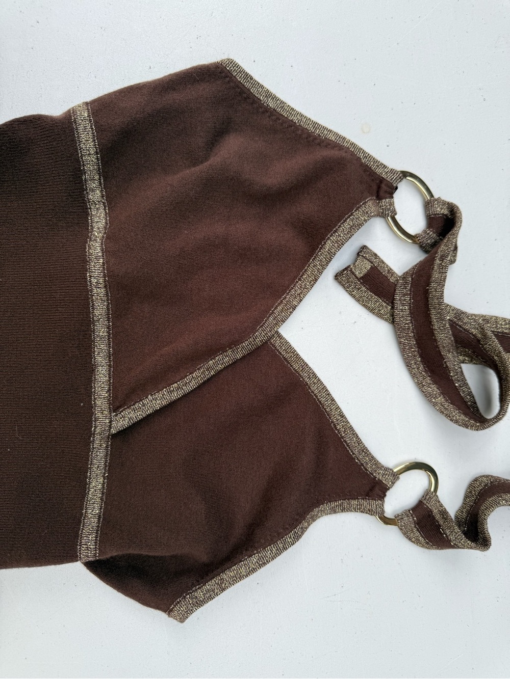 Vintage Brown Halter Knit Tank Top with Metallic Trim - Picture 4 of 4